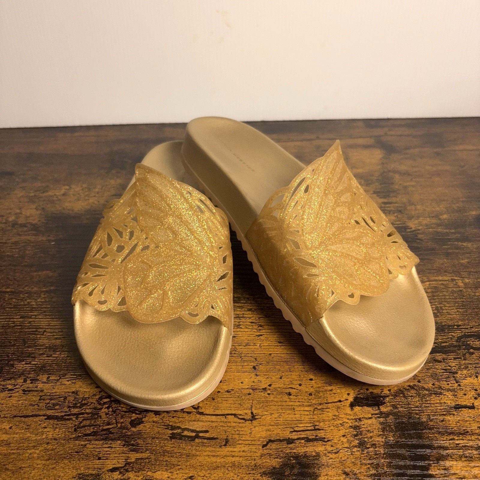 Sophia Webster Leather Slides Womens 10 Gold Shimmer Butterfly Cutout Classy